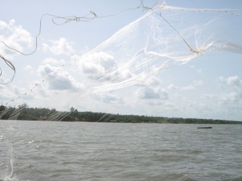 The fishing net going in to the water